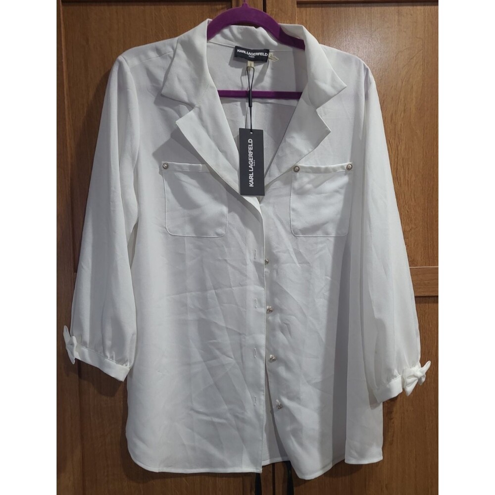 New Karl Lagerfeld Womens Button Down Blouse White Long Sleeves Polyester L